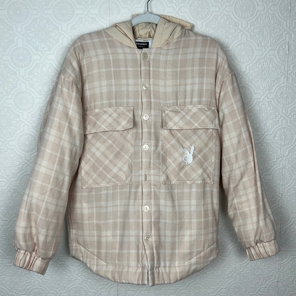 Playboy X PacSun Collab Shacket Puffer Jacket Coat Pink Plaid Bunny Hoodie